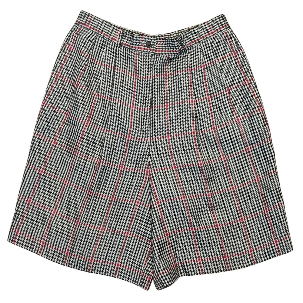 1950s Pendleton Shorts Women 12 Black White Red Houndstooth Plaid Pleated Rayon‎